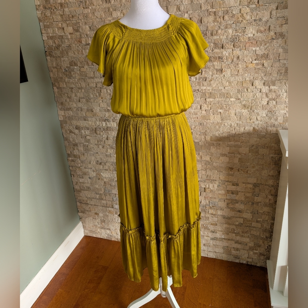Current Air Pleated Midi Dress Small Mustard Smocked Tiered Bohemian Anthro Vibe